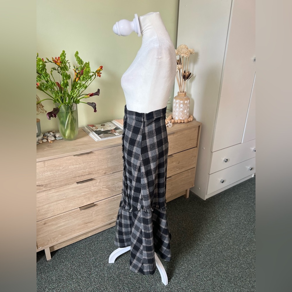 Plaid Check Ruffle Asymmetrical Midi Knee-Length High-Waist Modest Fringe Skirt - Picture 9 of 16